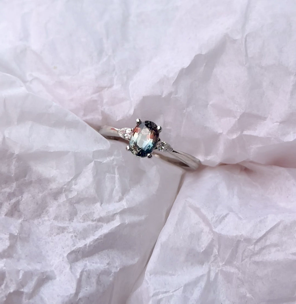 lolo parti bicolour sapphire three stone white gold engagement ring custom jewelry vancouver granville island