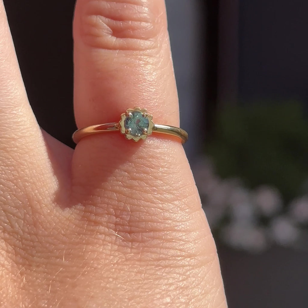 unique teal blue green sapphire engagement ring scalloped solitaire sita fine jewelry granville Island vancouver