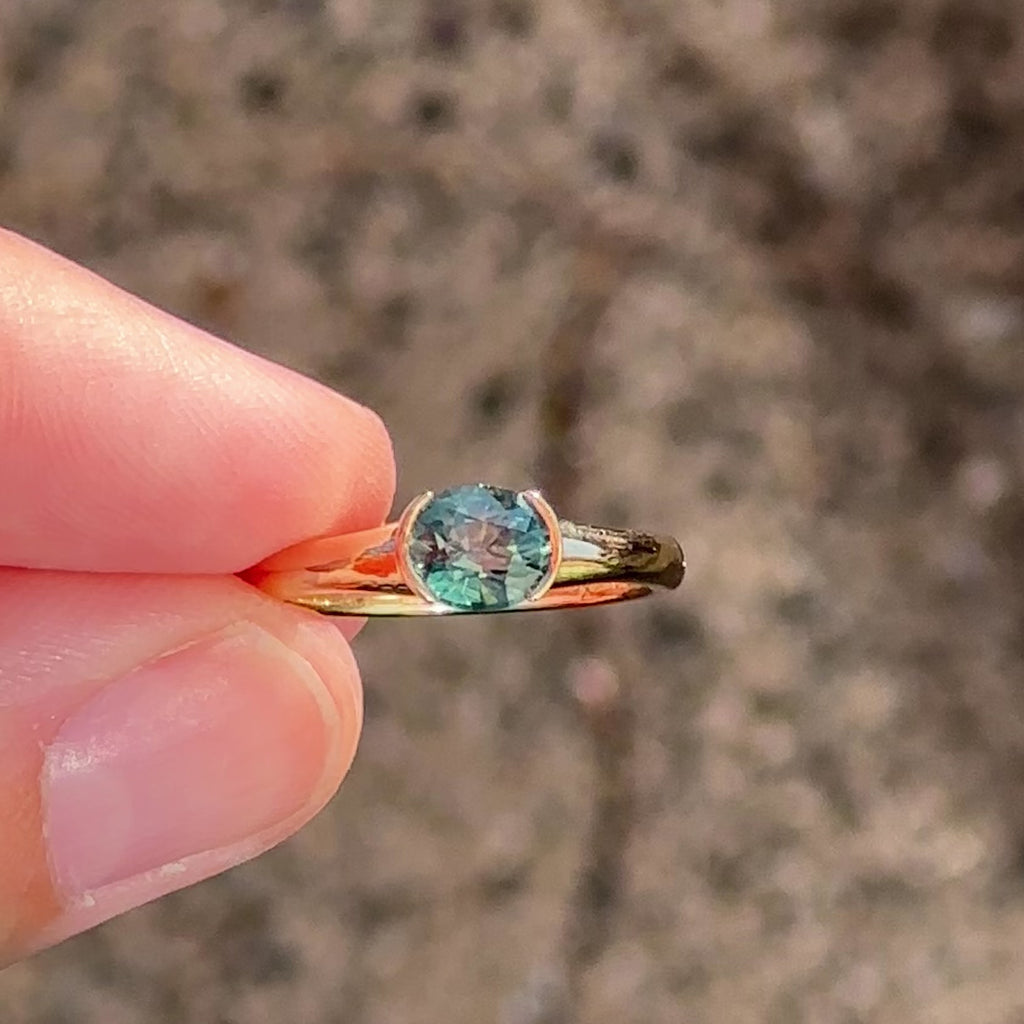 teal sapphire yellow gold ring half bezel unique custom jewelry carli sita vancouver granville island